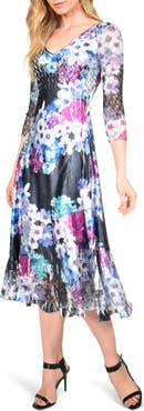 Komarov Floral Charmeuse & Chiffon Midi Dress