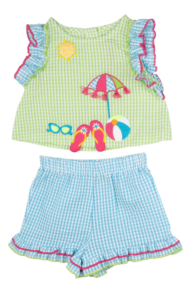 Rare Editions Beach Patchwork Seersucker Ruffle Top & Check Shorts, Main, color, 