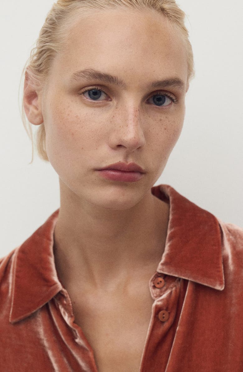 MANGO Velvet Button-Up Shirt, Alternate, color, Burnt Orange