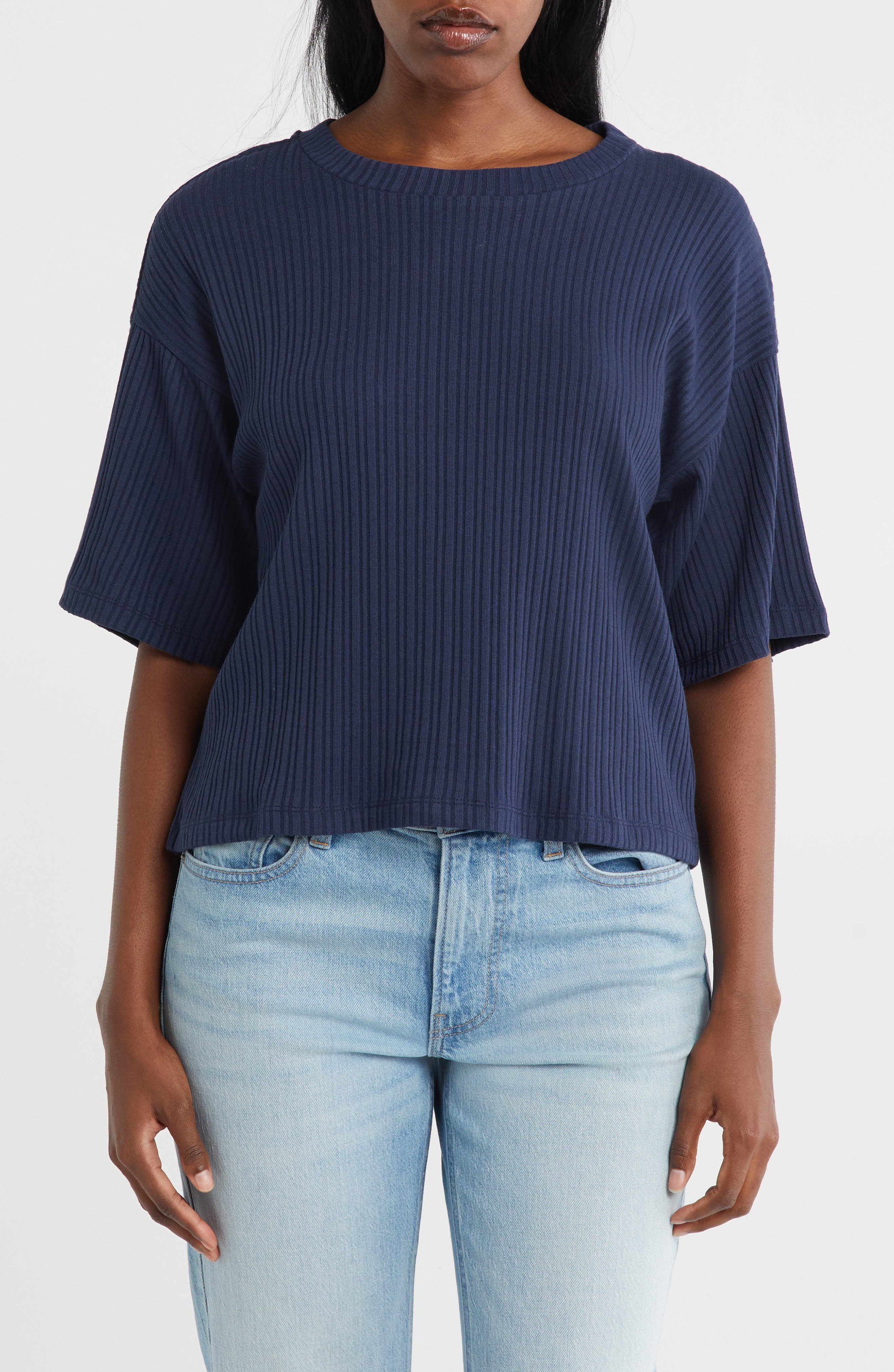 Bobeau Oversize Rib Knit Crop T-Shirt