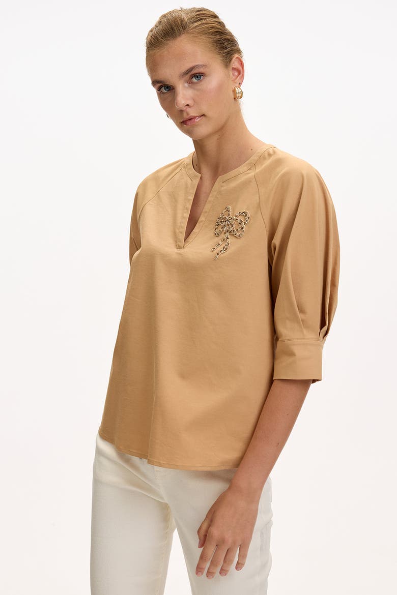 Katharine V Neck Short Sleeve Blouse, Alternate, color, Camel