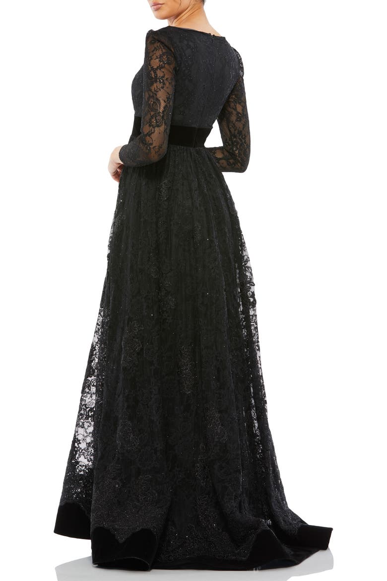 Lace Long Sleeve Wrap Over Velvet Waistband A Line, Alternate, color, Black