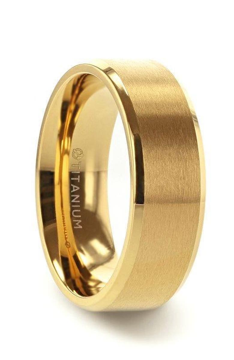Larson Jewelers Radiate Titanium Flat Brushed Center Wedding Ring, Main, color, Gold