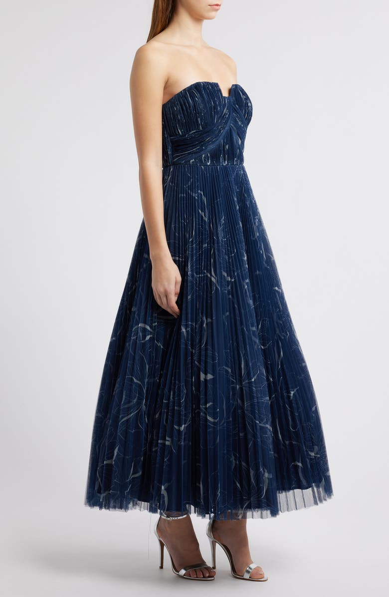 Hutch Pleated Strapless Mesh Gown, Alternate, color, Navy Floral