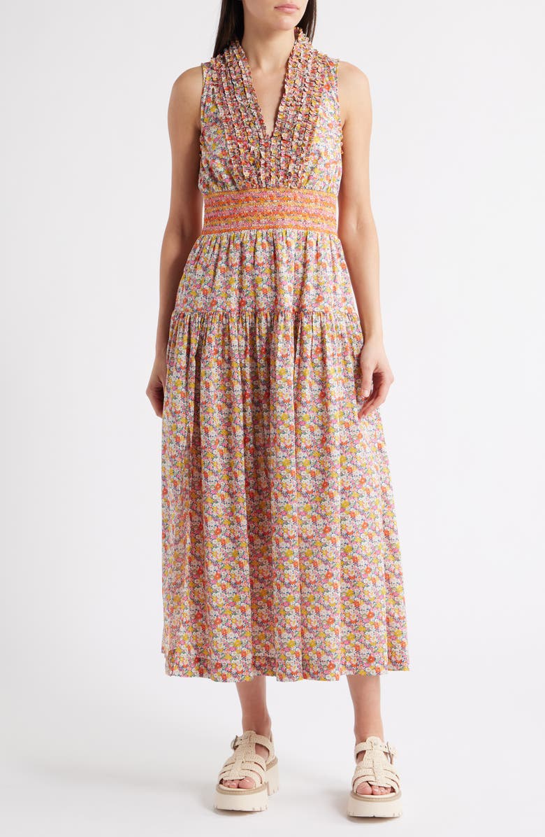 LOVE THE LABEL Eloise Floral Ruffle Detail Cotton Midi Dress, Main, color, 