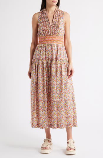 LOVE THE LABEL Eloise Floral Ruffle Detail Cotton Midi Dress | Nordstrom