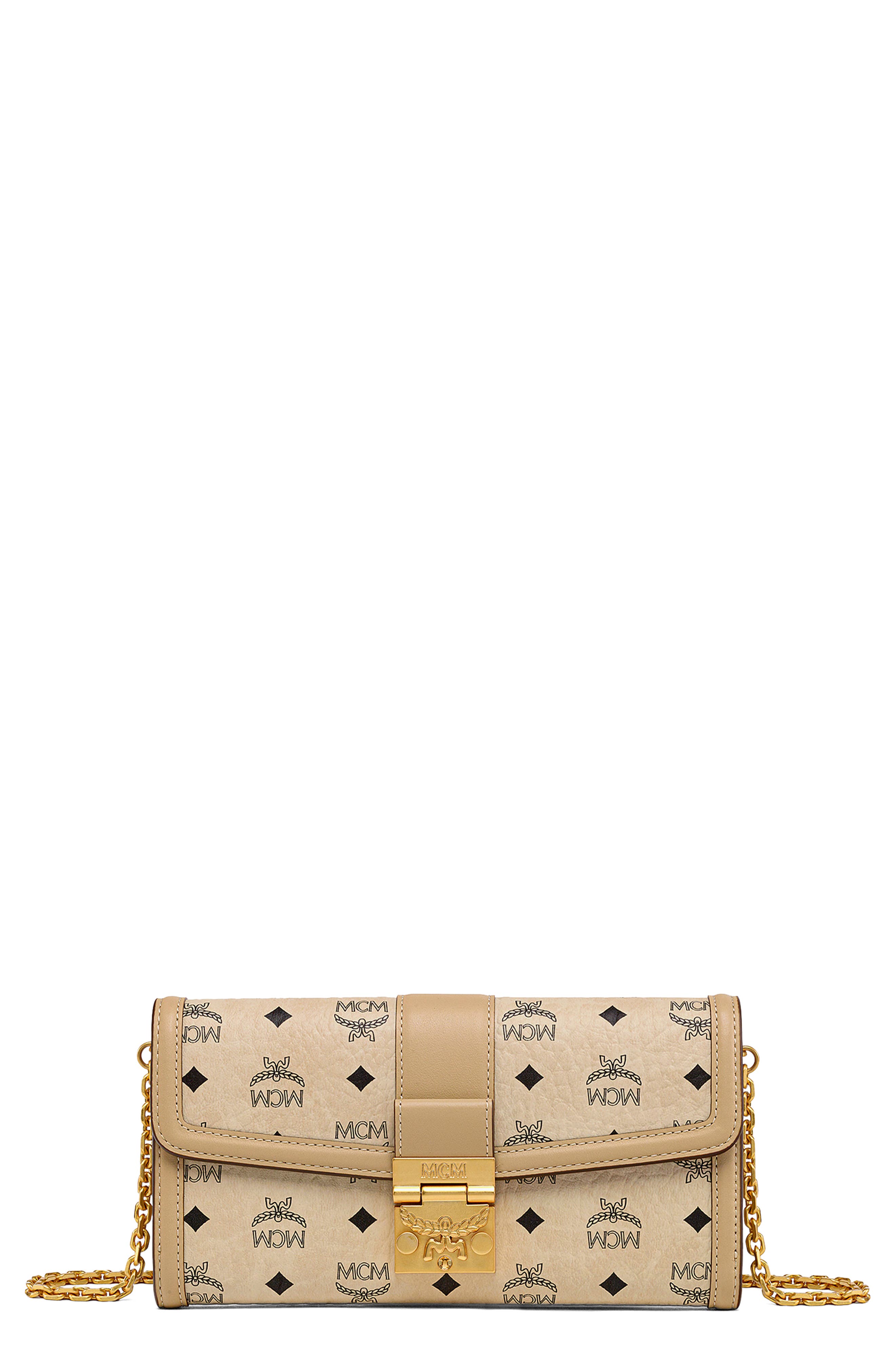 Tracy Chain Wallet in Visetos, Main, color, BEIGE BLACK LOGO