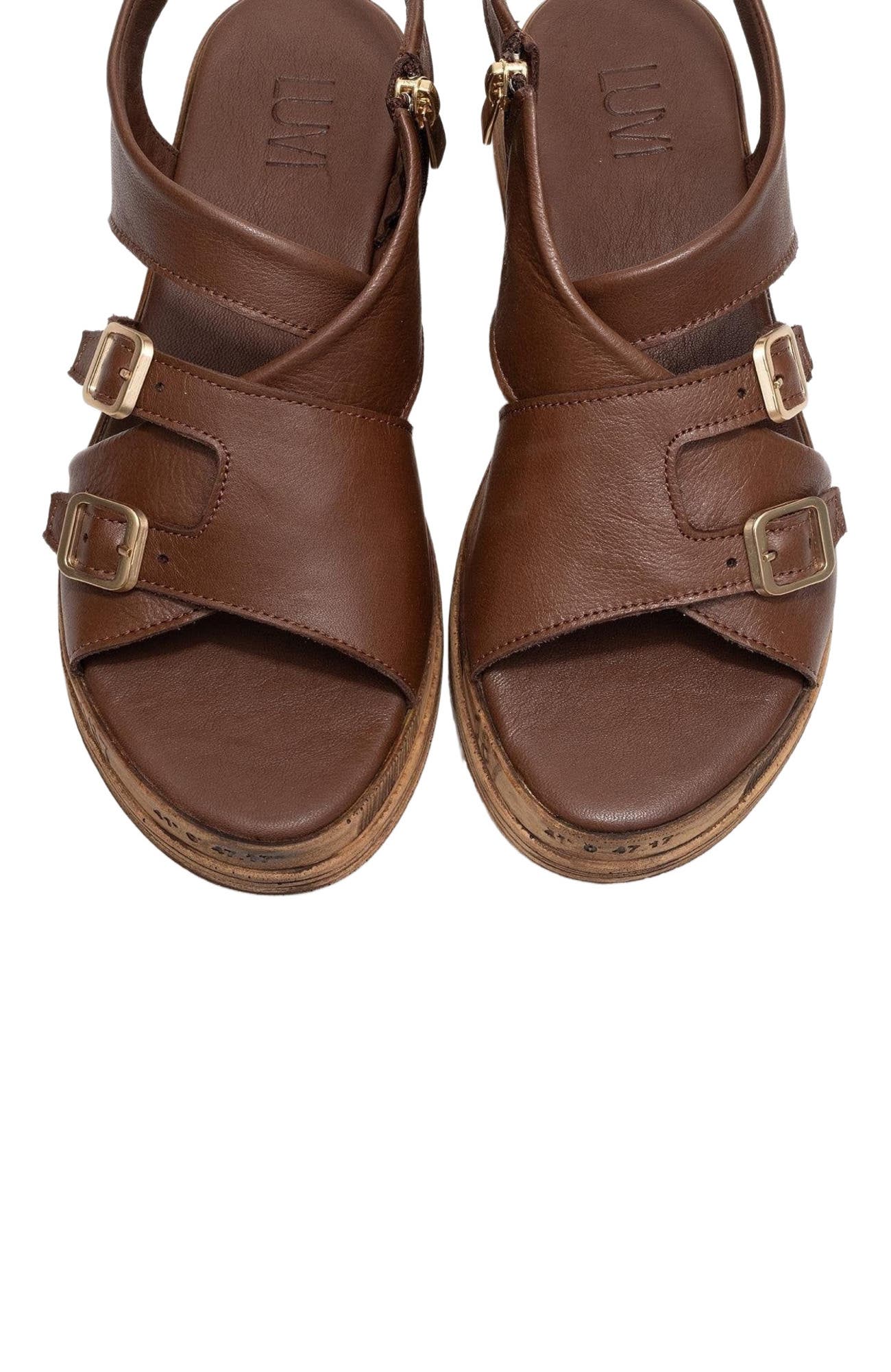 Levine Leather Buckled Side-Zip Sandal, Alternate, color, Brown Leather