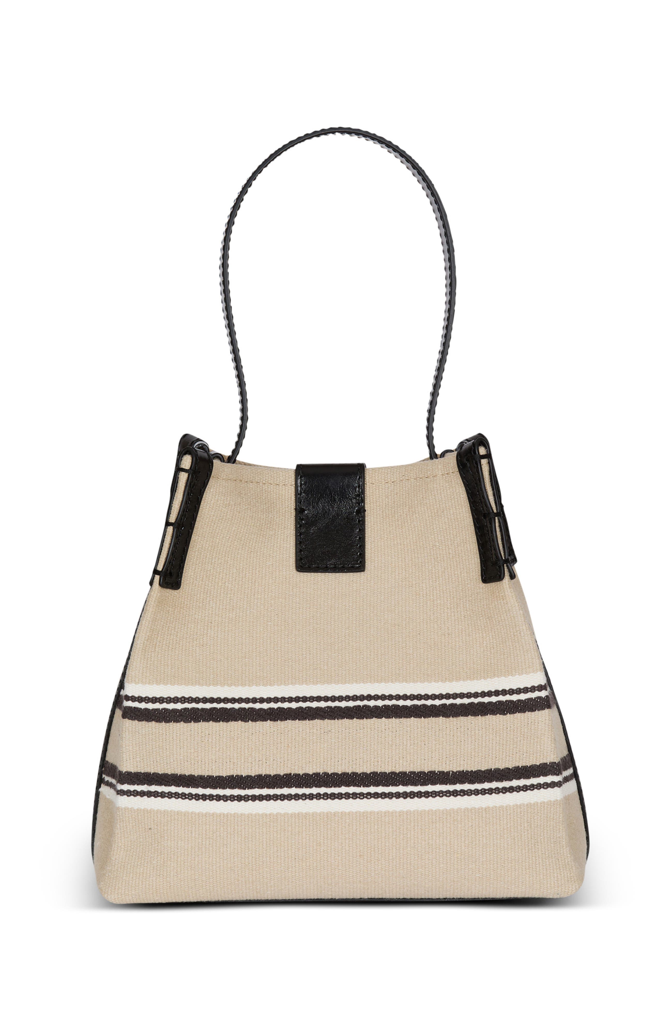 Balmain Release Bucket bag in canvas and calfskin, Alternate, color, Beige