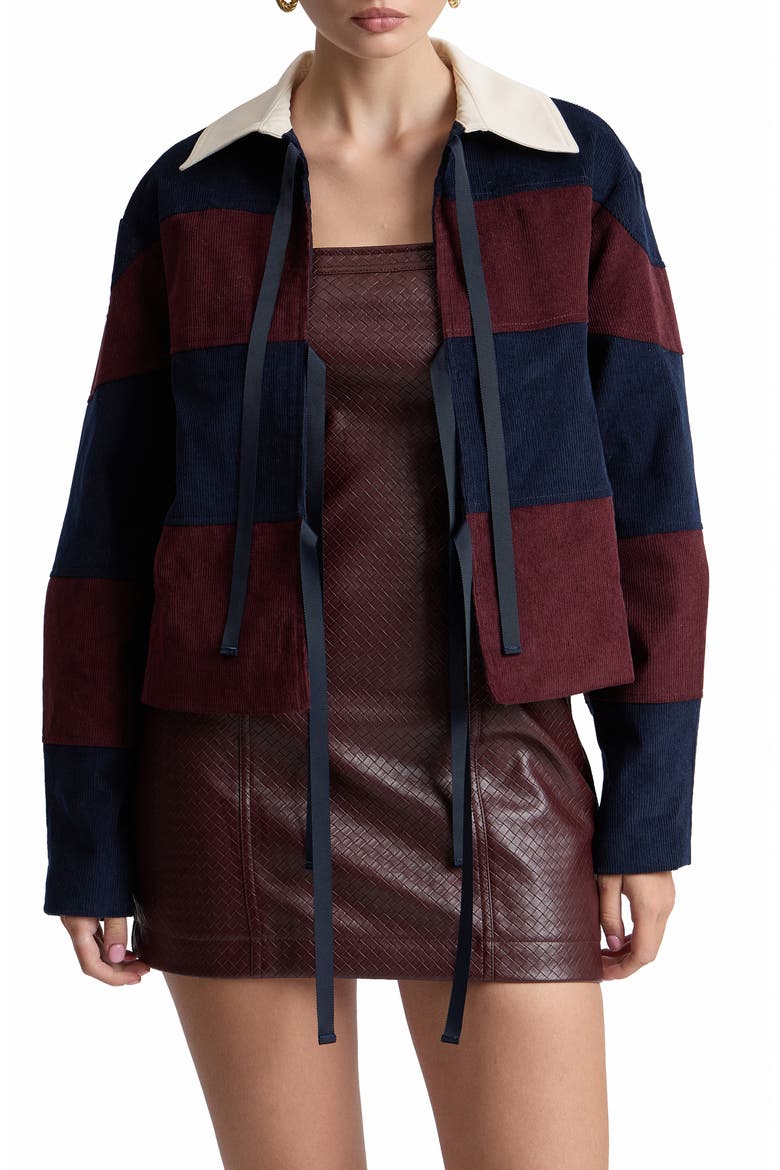 Striped Corduroy Rugby Jacket with Front Ties, Alternate, color, NAVY/ BURGUNDY