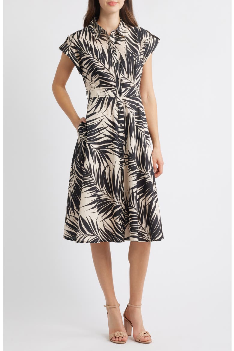 Fern Print Cotton Poplin Midi Shirtdress, Main, color, BLACK SAND