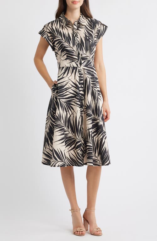 Vince Camuto Fern Print Cotton Poplin Midi Shirtdress In Black Sand