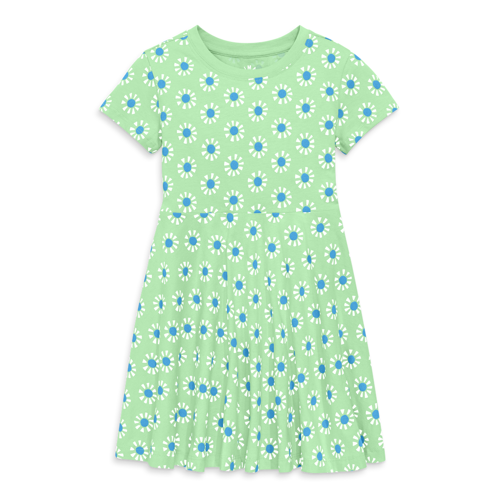 Primary Kids Twirly Dress In Cutout Suns In Pear Cornflower Cutout Suns