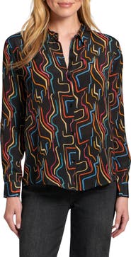 APNY Abstract Print Roll Tab Sleeve Chiffon Button-Up Shirt