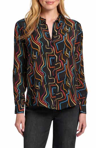 Abstract Print Roll Tab Sleeve Chiffon Button-Up Shirt