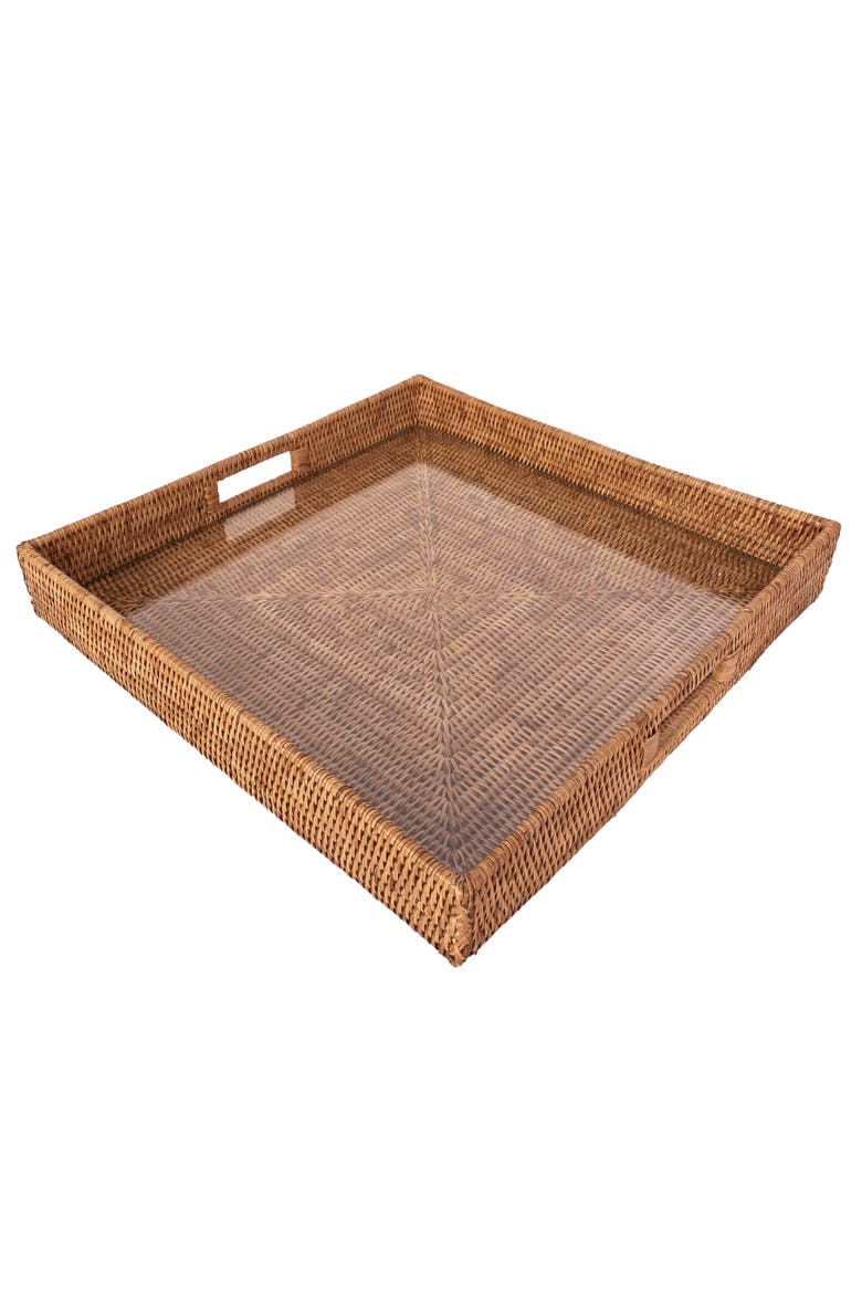 Artifacts Rattan Square Serving Ottoman Trays with Glass Insert, Alternate, color, Honey Brown