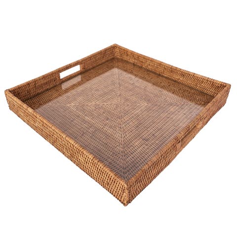 Square Rattan Ottoman Tray with Glass Insert