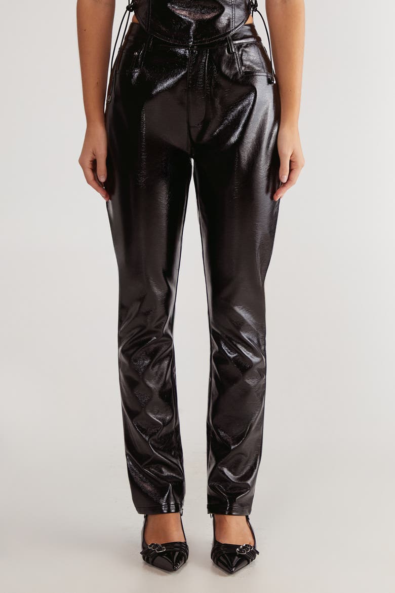 Distressed High Waisted Vinyl Pants, Main, color, Black