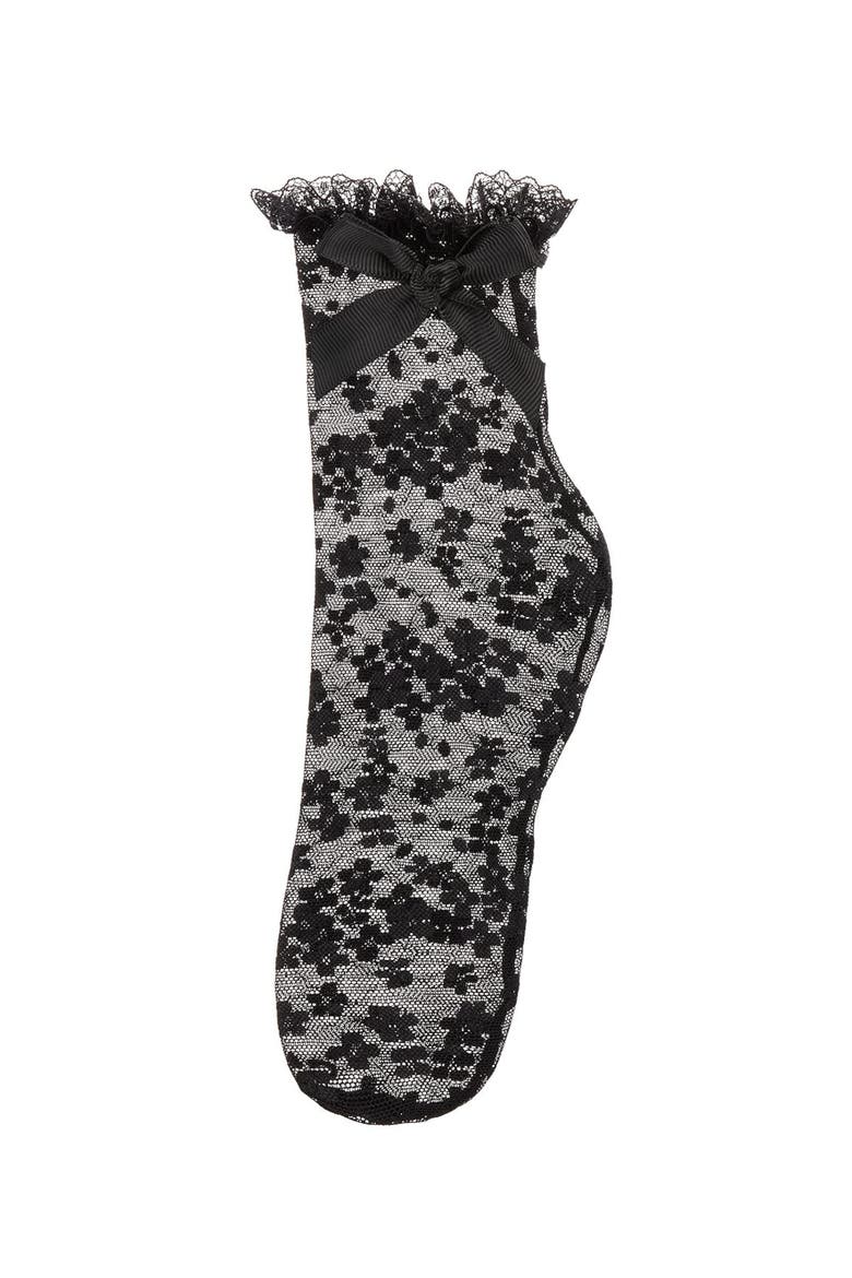 Floral Lace Bow Trim Ankle Sock, Alternate, color, Black