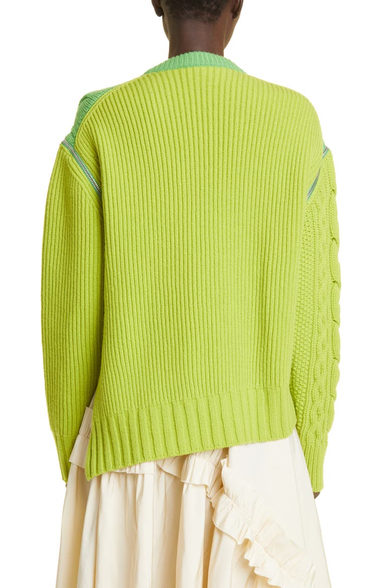 Asymmetric Zip Front Mixed Stitch Wool Sweater, Alternate, color, ACID GREEN/ SAGE GREEN