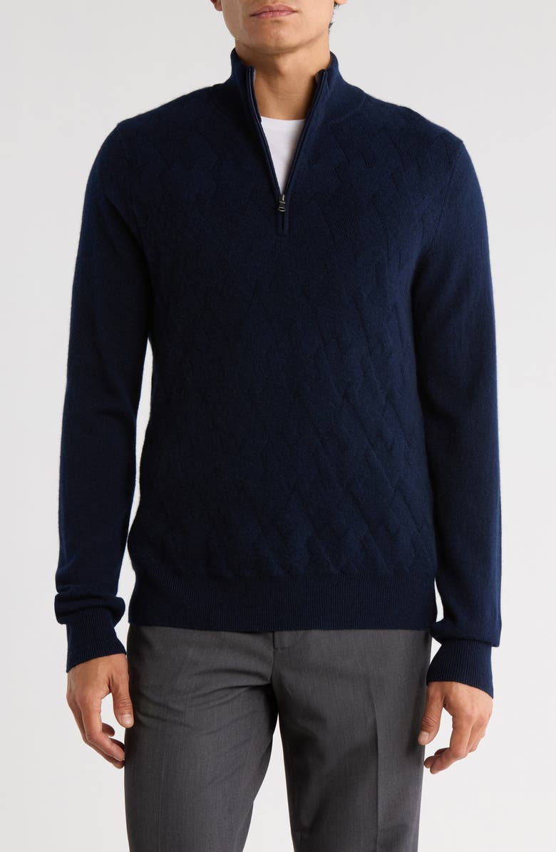 Amicale Jacquard Cashmere Quarter Zip Sweater, Main, color, Navy