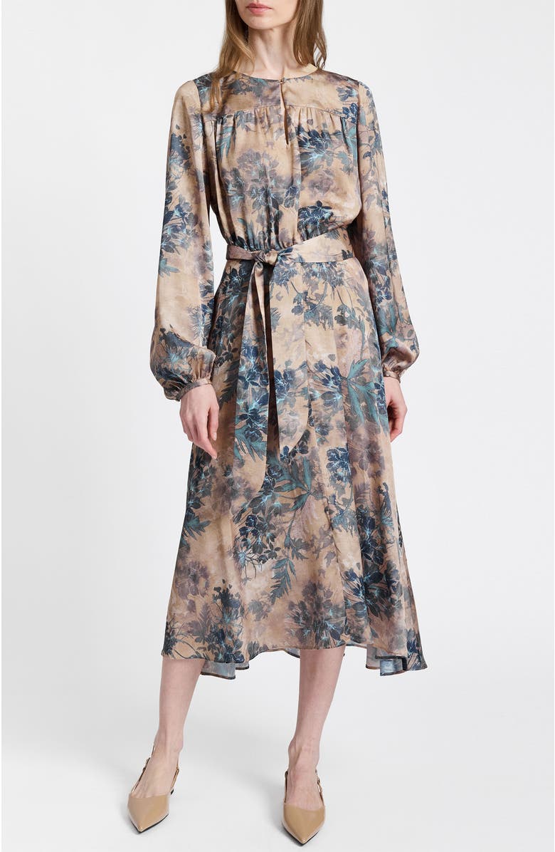 Santorelli Aubree Long Sleeve Midi Dress in Floral Print, Alternate, color, Dune