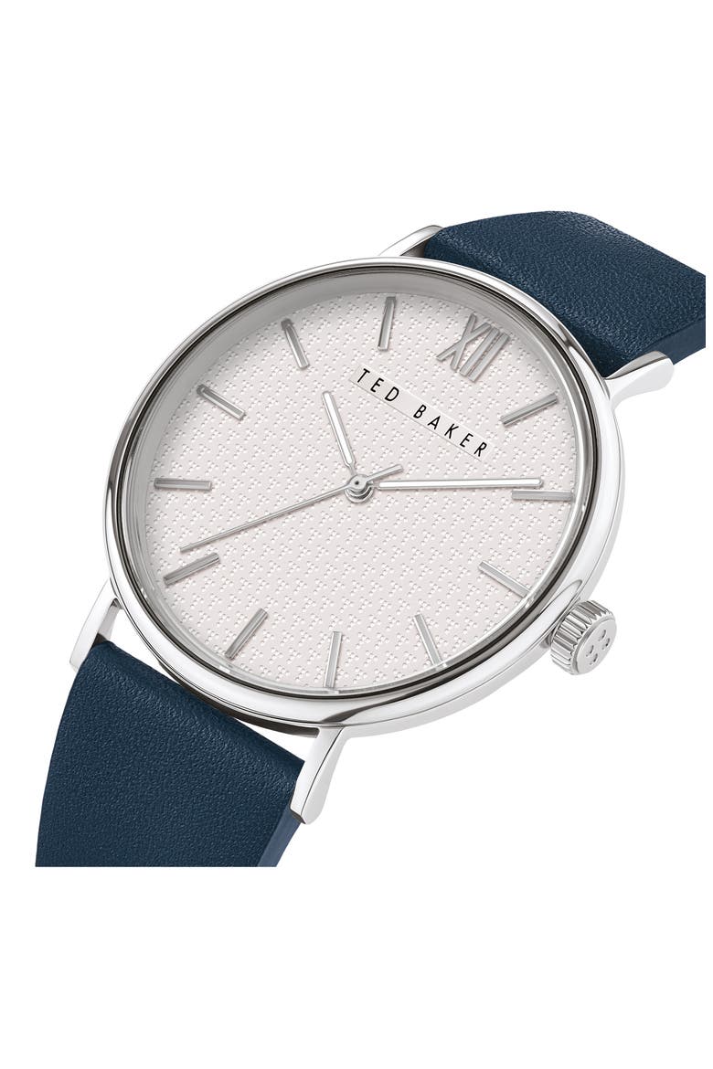 Phylipa Gents Leather Strap Watch, 43mm, Alternate, color, BLUE/ WHITE T-PATTERN/ SILVER