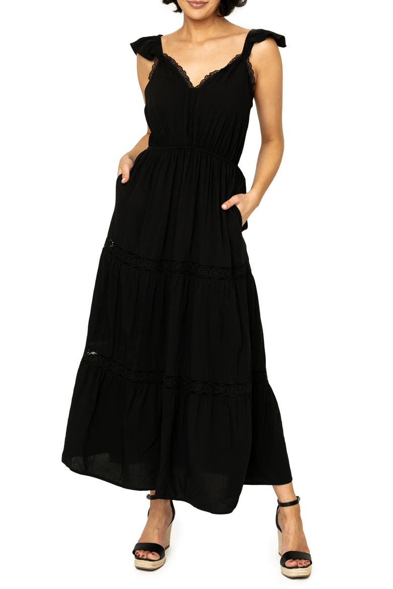 Lace Detail Midi Dress, Main, color, BLACK