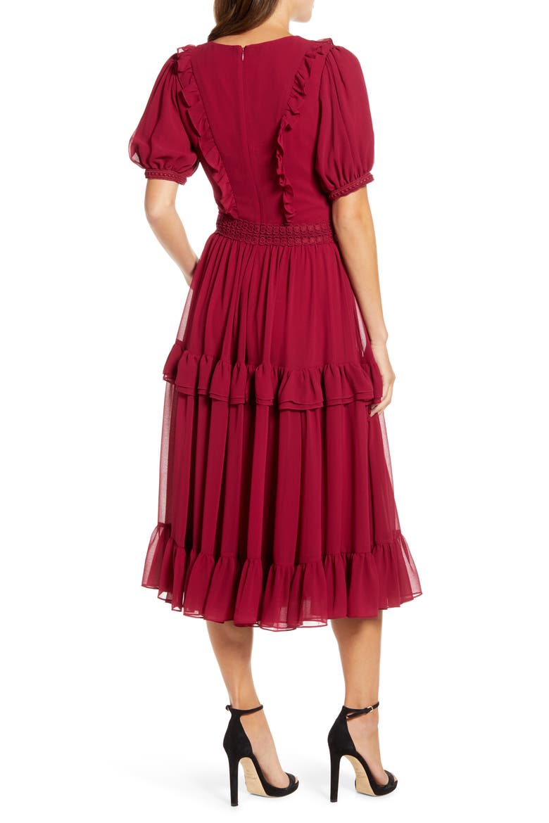 Tiered Ruffle Midi Dress, Alternate, color, BURGUNDY BEET