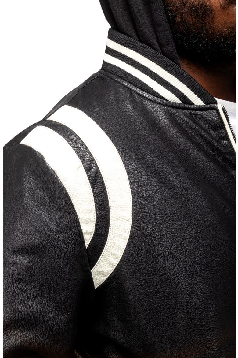 Stripe Faux Leather Hooded Moto Jacket with Faux Fur Lining, Alternate, color, BLACK/ WHITE