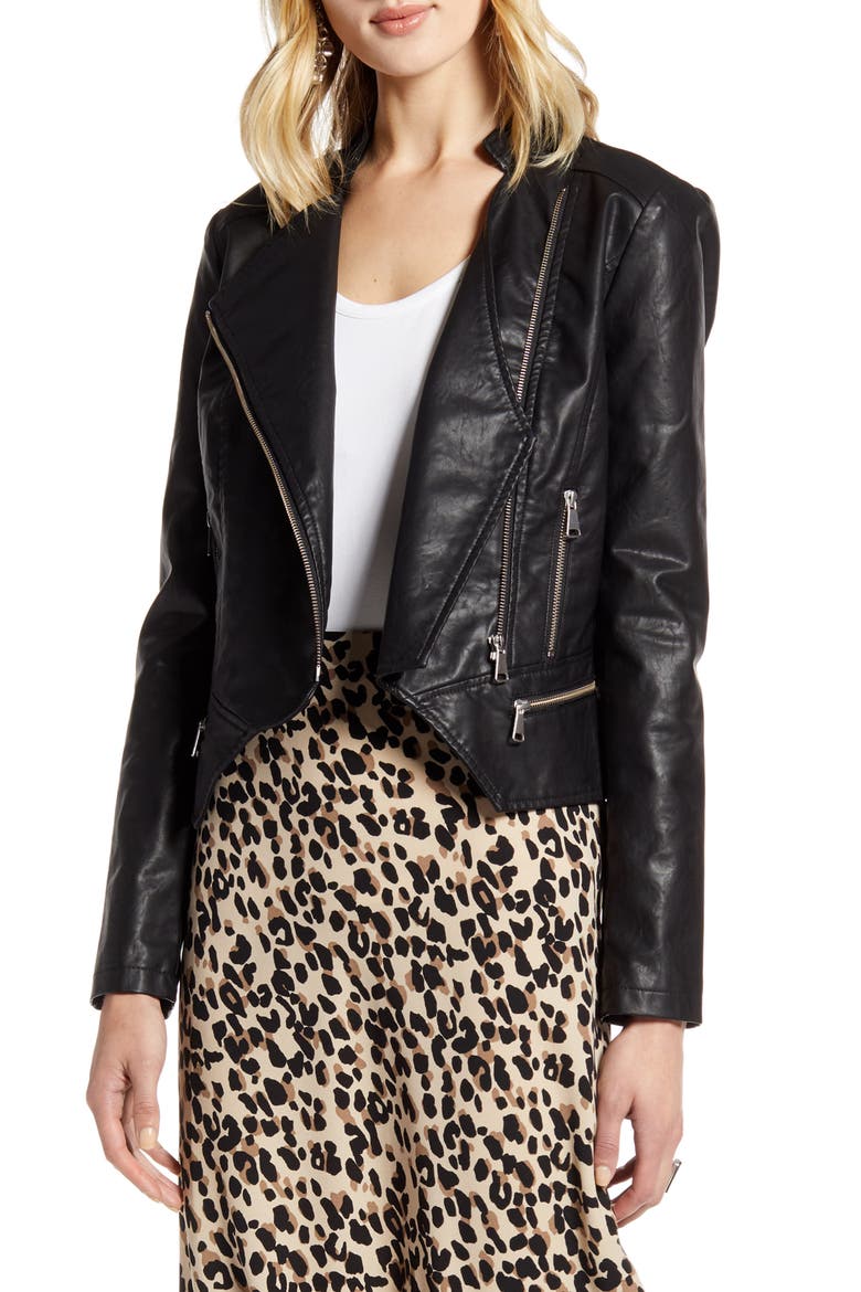 Peplum Faux Leather Moto Jacket, Main, color, BLACK