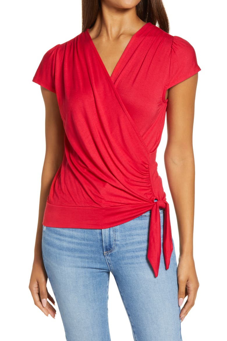 Faux Wrap Top, Main, color, RED