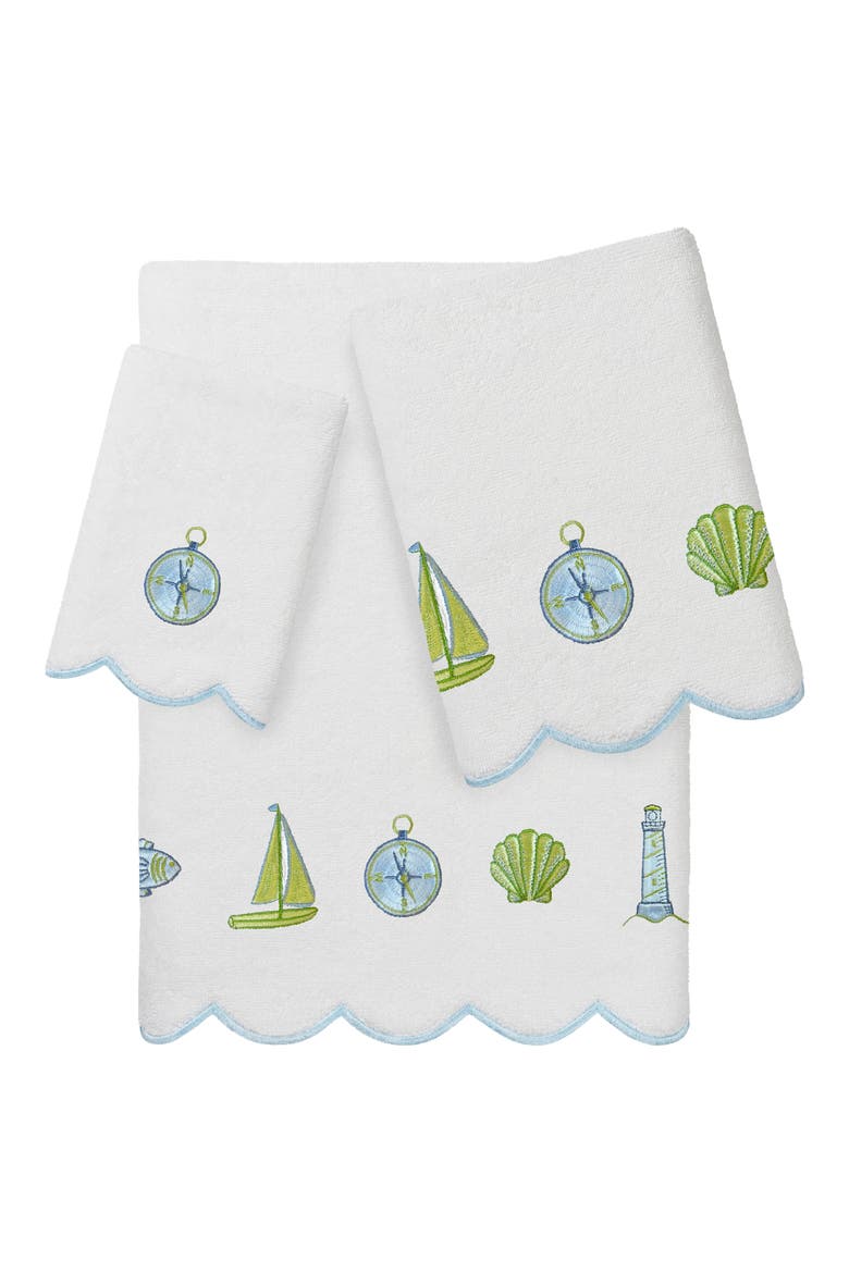 Sea Joy Scallop 3-Piece Embellished Towel Set, Main, color, WHITE/ BLUE