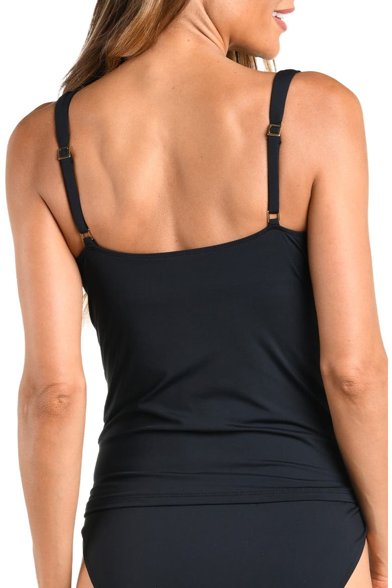 Island Goddess Ruched Plunge Neck Keyhole Tankini Top, Alternate, color, BLACK
