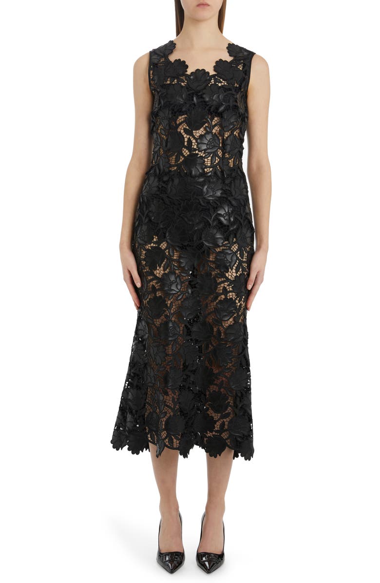 Dolce&Gabbana Faux Leather Floral Macramé Lace Dress, Main, color, 