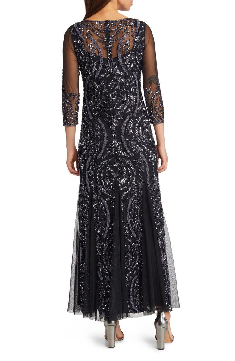 Pisarro Nights Sequin Beaded Illusion Mesh Three-Quarter Sleeve Gown, Alternate, color, 