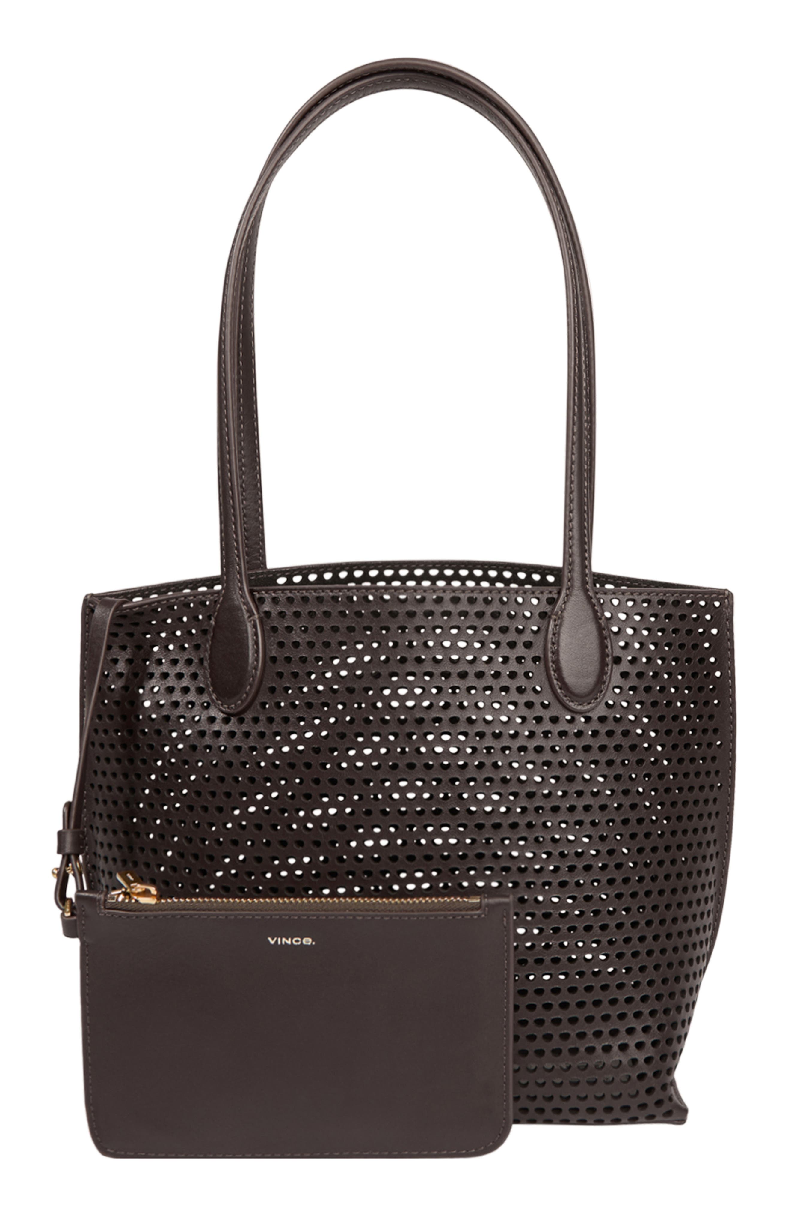 Vince Small Athene Perforated Nappa Leather Tote, Main, color, Cacao