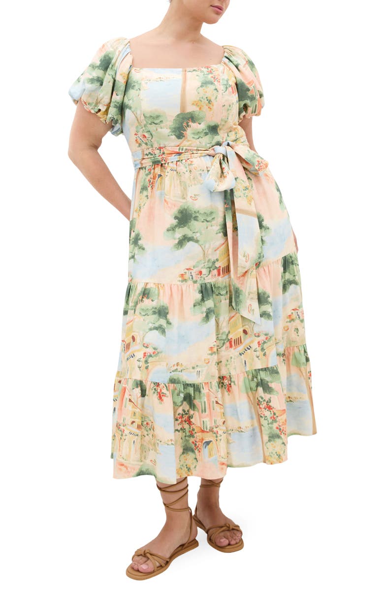 City Chic Laurena Floral Puff Sleeve Tie Belt Sundress, Main, color, 