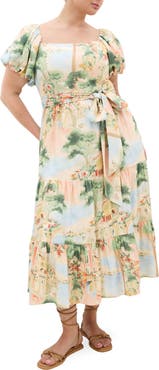 City Chic Laurena Floral Puff Sleeve Tie Belt Sundress