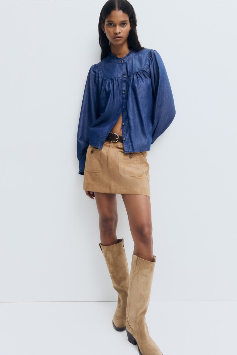 Frill-trimmed Denim Blouse, Alternate, color, Dark denim blue