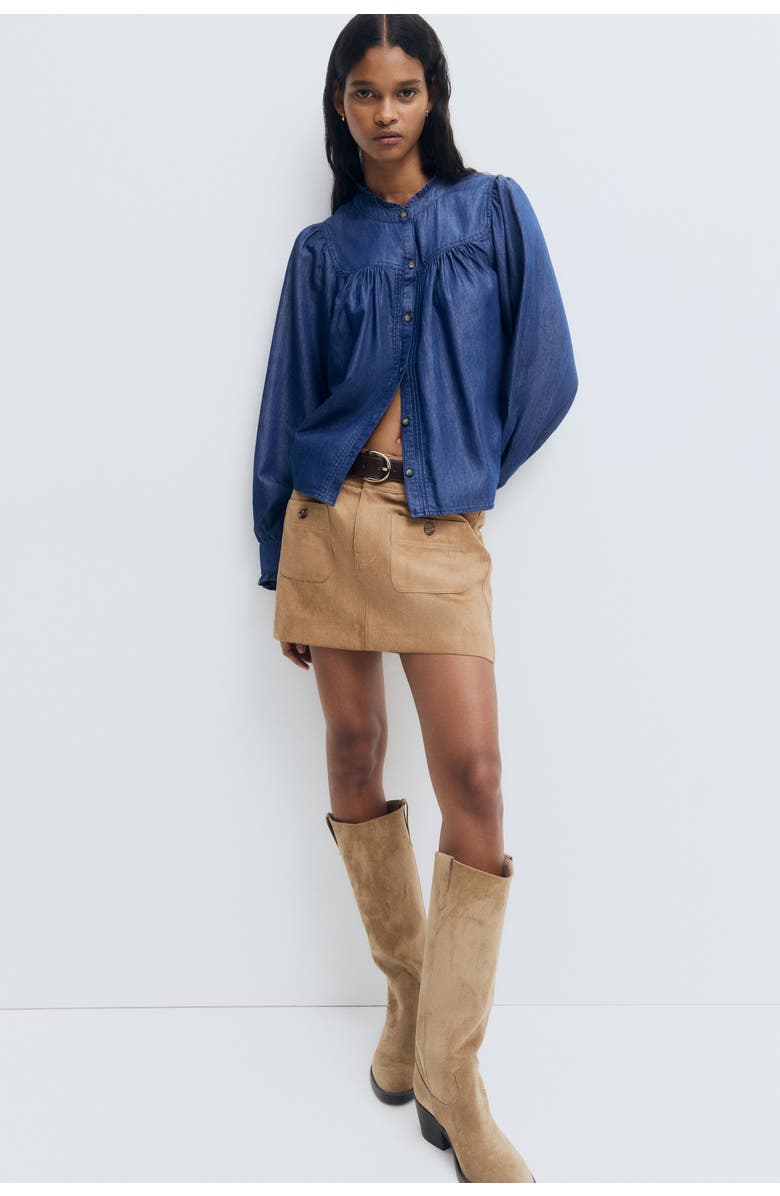 H&M Frill-trimmed Denim Blouse, Alternate, color, Dark Denim Blue