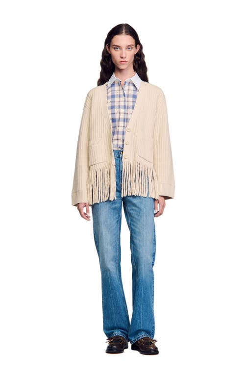 SANDRO Fringed knit cardigan in Ecru 