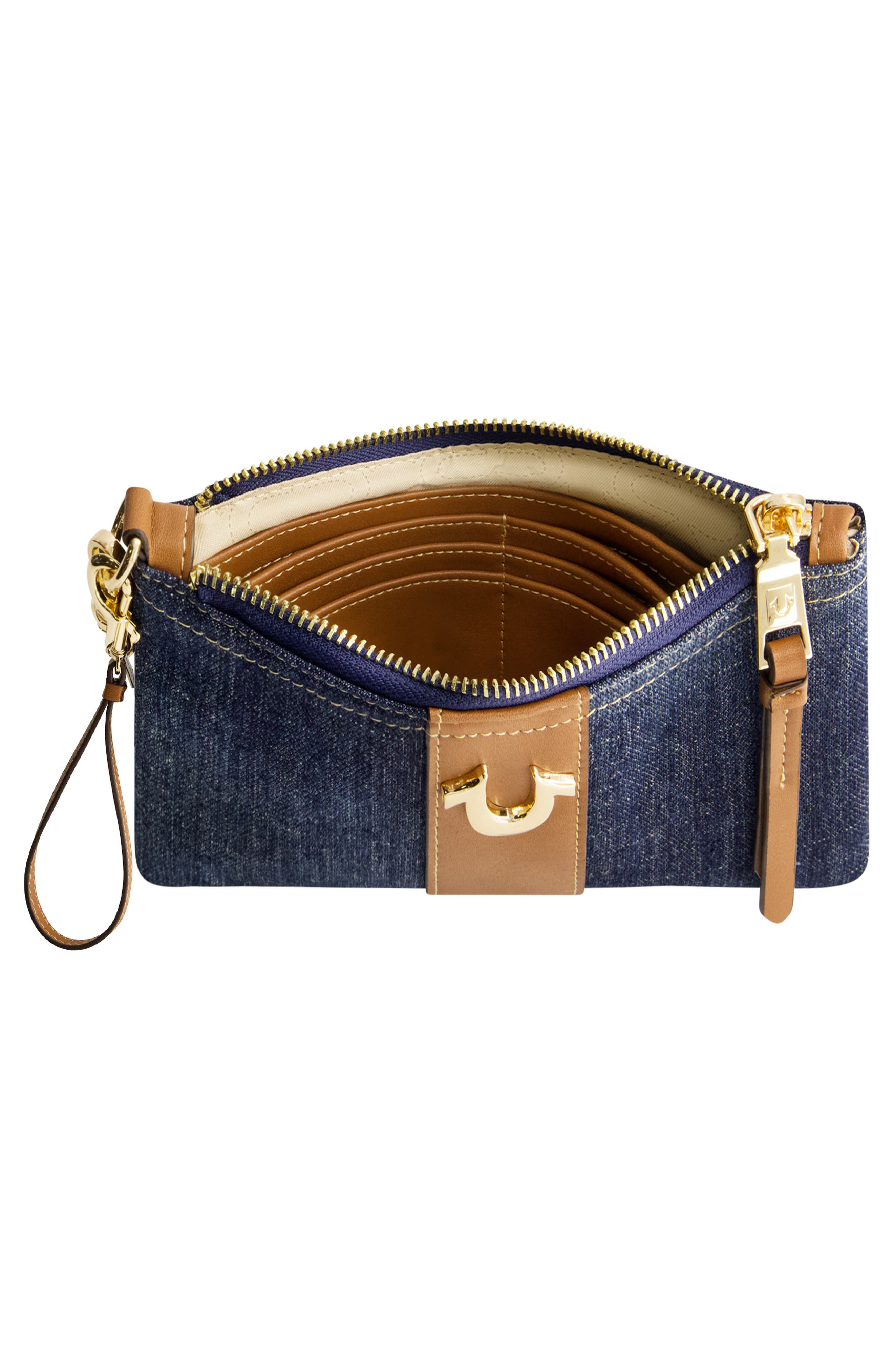 Horseshoe Denim Wristlet Pouch, Alternate, color, DARK DENIM