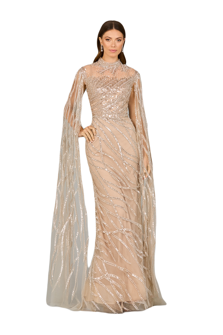 High Neck Gown with Long Cape Sleeves, Main, color, Nude