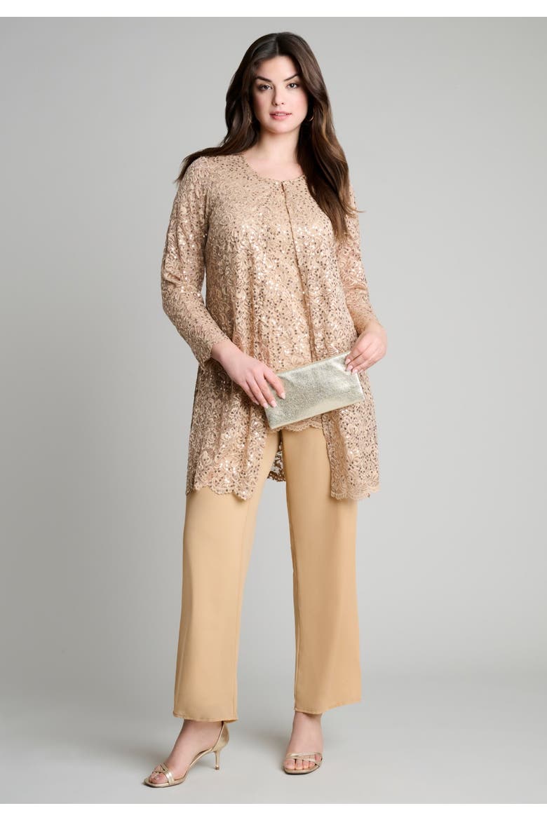 Plus-Size 3 Piece Allover Sequin Lace Jacket And Tank Pant Set, Alternate, color, CLASSIC RED