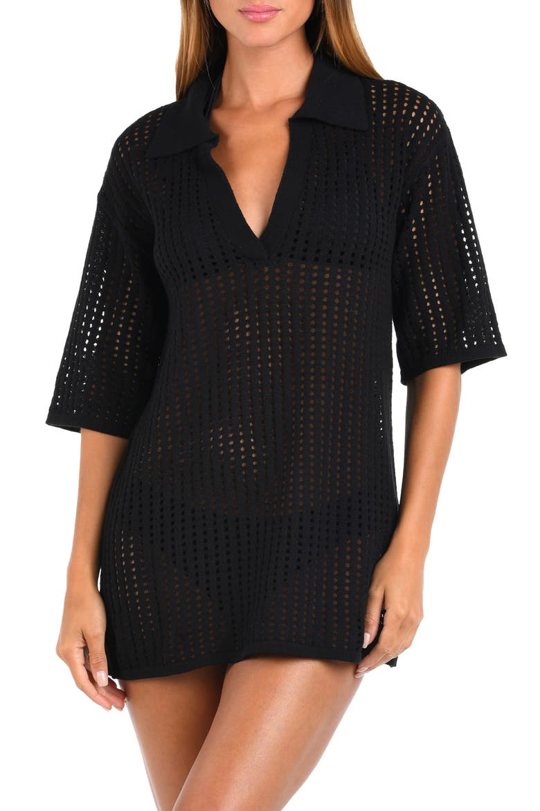 Resort Open Stitch Cover-Up Tunic, Main, color, BLACK