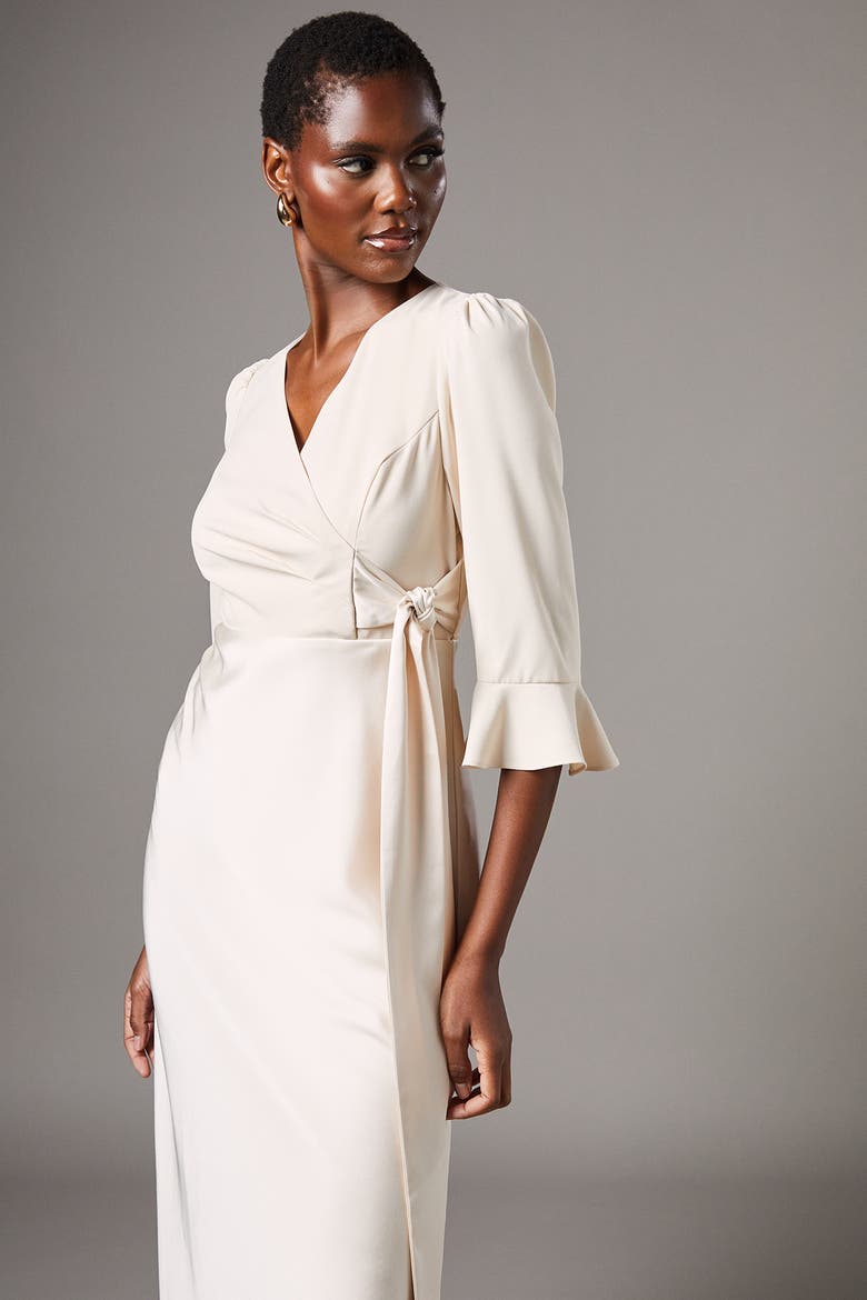 Ruffle Sleeve Satin Wrap Dress, Alternate, color, Champagne