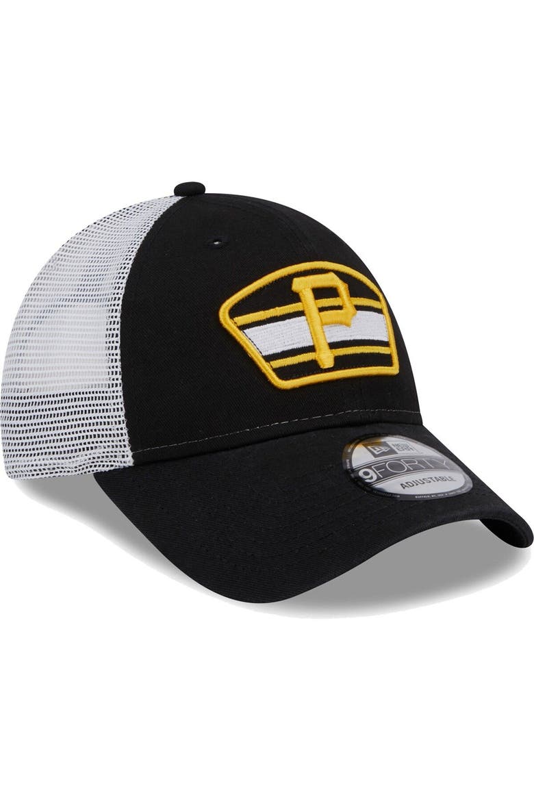 Men's New Era Black/White Pittsburgh Pirates Logo Patch 9FORTY Trucker Snapback Hat, Alternate, color, Black