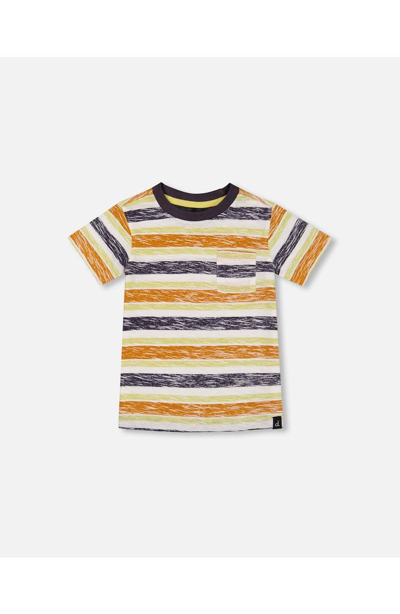 Deux par Deux Little Boy's Printed Organic Cotton Tee Navy Striped, Orange, And Lime Green, Main, color, 