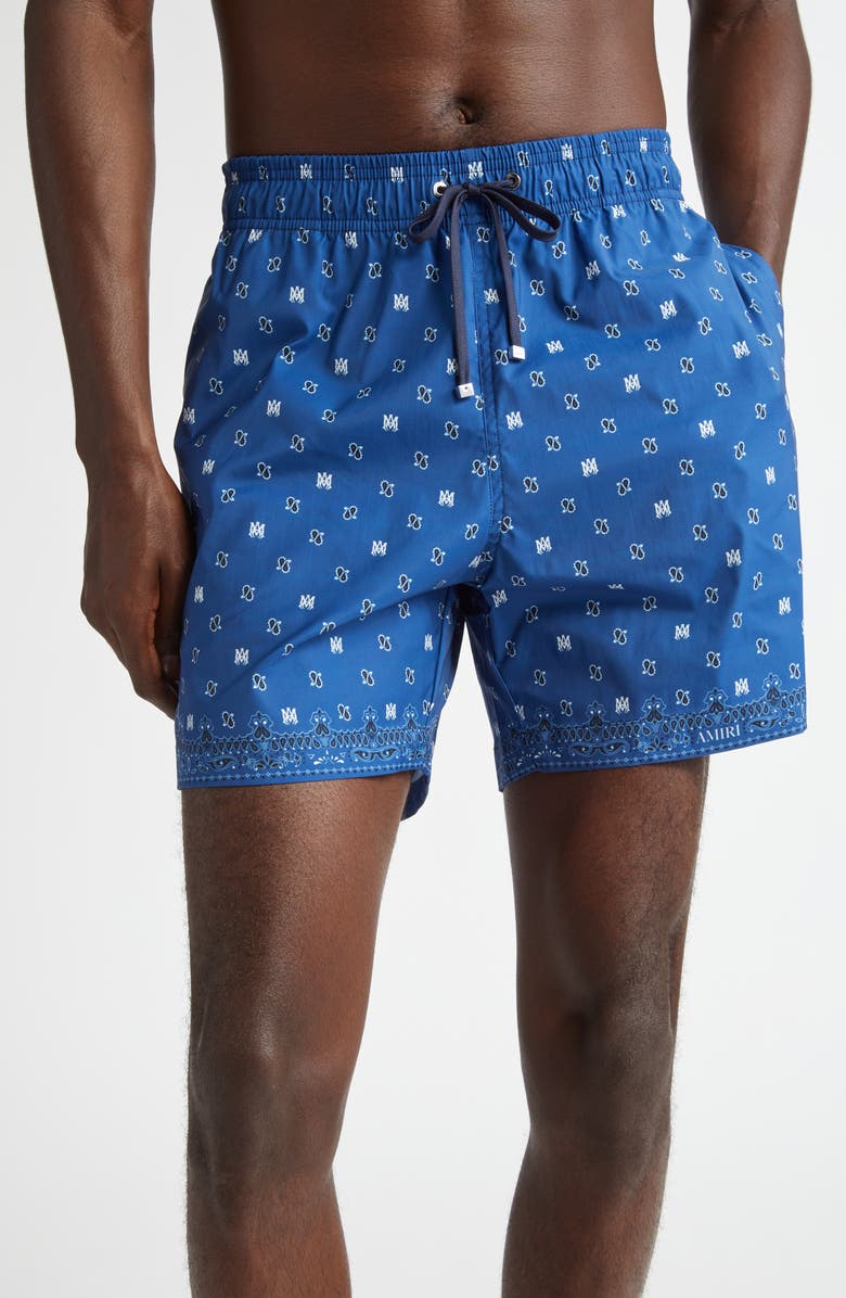 AMIRI Monogram Paisley Swim Trunks, Main, color, Blue